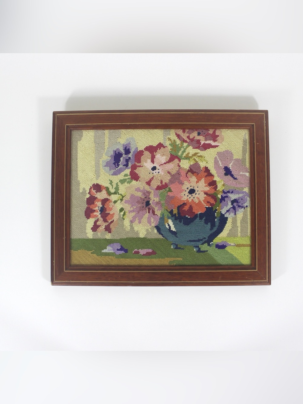 Vintage Framed Still Life Floral Needlepoint Art